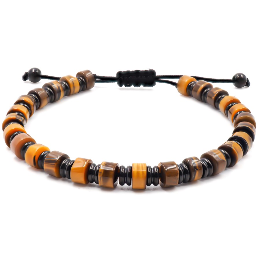 Bracelet acier PVD noir - disques œil de tigre 6x4mm - coton noir -...