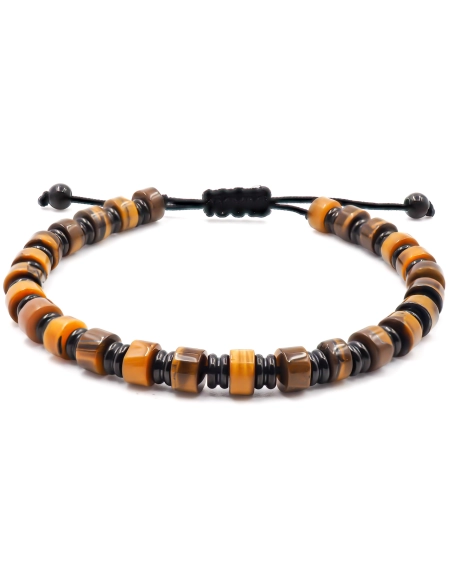 Bracelet acier PVD noir - disques œil de tigre 6x4mm - coton noir -...