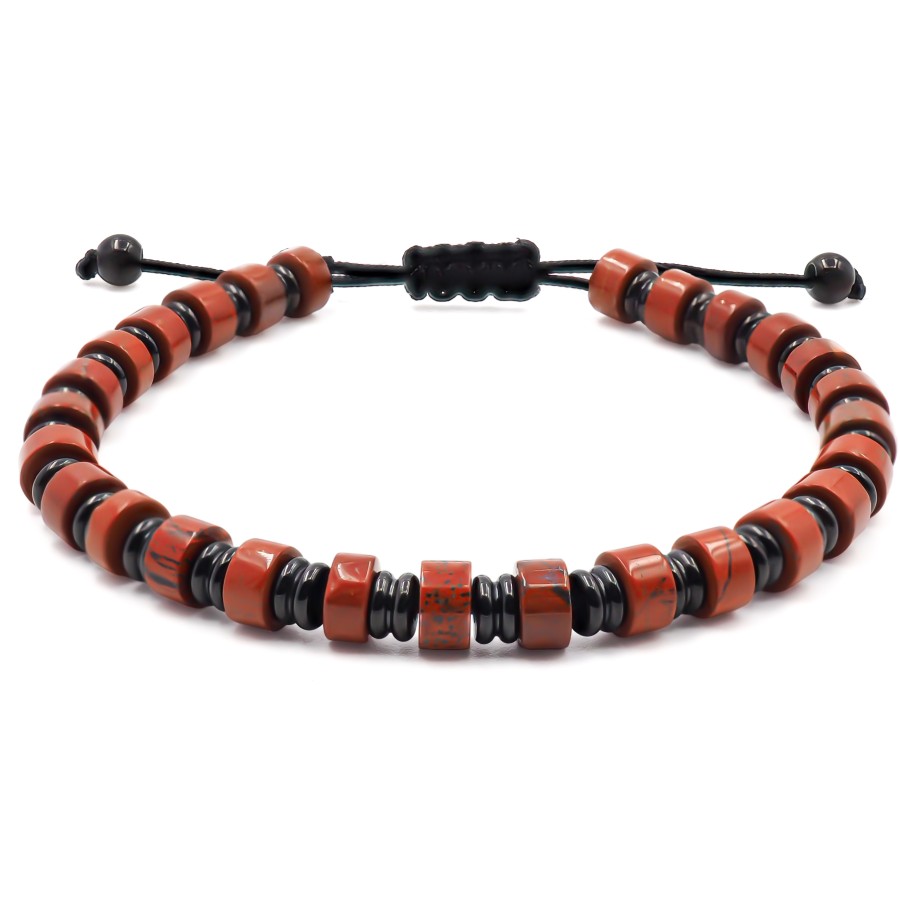 Bracelet acier PVD noir - disques jaspe rouge 6x4mm - coton noir - ...