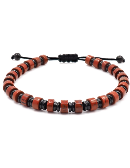 Bracelet acier PVD noir - disques jaspe rouge 6x4mm - coton noir - ...