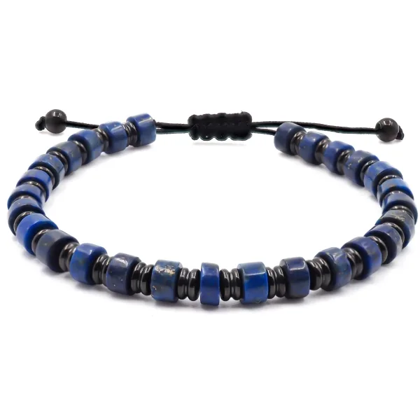 Bracelet acier PVD noir - disques lapis lazuli 6x4mm - coton noir -...
