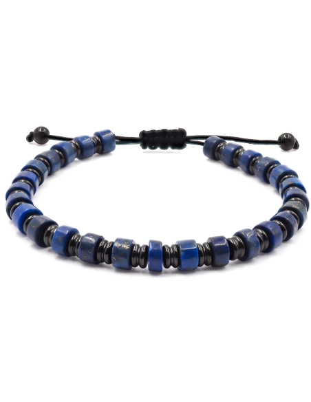 Bracelet acier PVD noir - disques lapis lazuli 6x4mm - coton noir -...