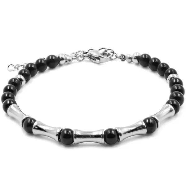 Bracelet acier - onyx - billes 4mm - 15+4cm - Grossiste Bijoux Toltek