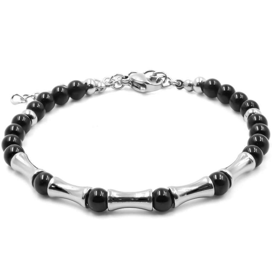 Bracelet acier - onyx - billes 4mm - 15+4cm - Grossiste Bijoux Toltek