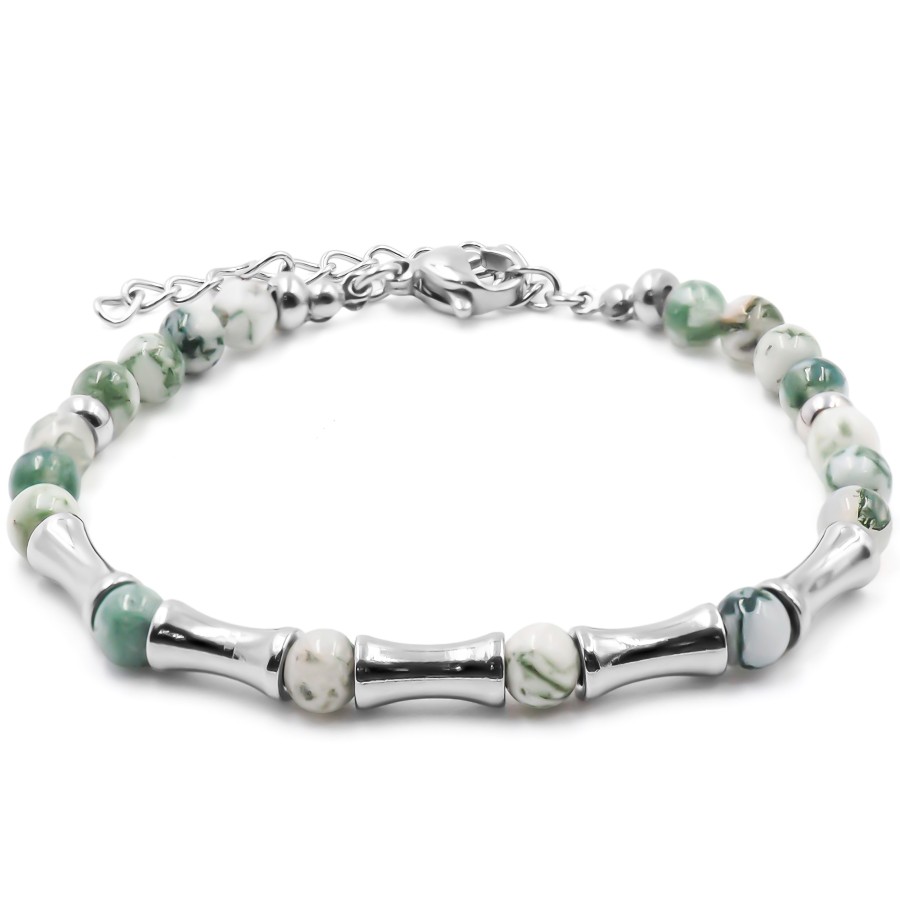 Bracelet acier - jaspe vert - billes 4mm - 15+4cm - Grossiste Bijou...