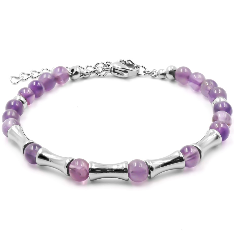 Bracelet acier - améthyste - billes 4mm - 15+4cm - Grossiste Bijoux...