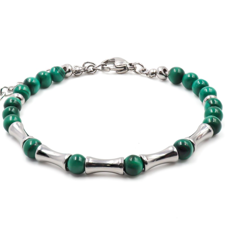 Bracelet acier - malachite - billes 4mm - 15+4cm - Grossiste Bijoux...
