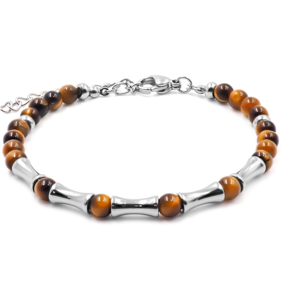 Bracelet acier - œil de tigre - billes 4mm - 15+4cm - Grossiste Bij...