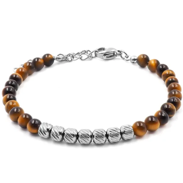 Bracelet acier - billes 4mm œil de tigre - 15+4cm - Grossiste Bijou...
