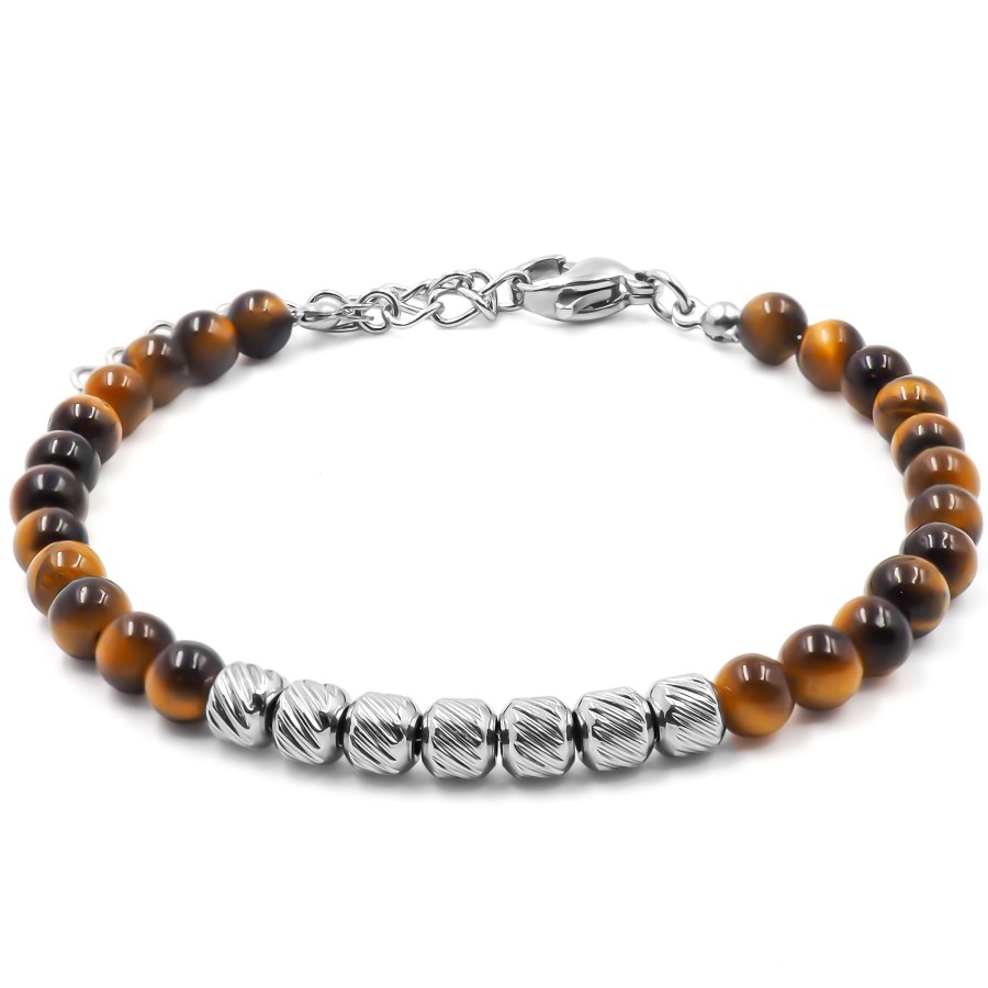 Bracelet acier - billes 4mm œil de tigre - 15+4cm - Grossiste Bijou...