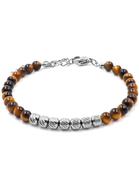 Bracelet acier - billes 4mm œil de tigre - 15+4cm - Grossiste Bijou...