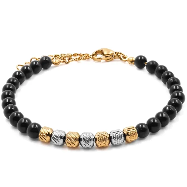 Bracelet acier doré - billes 4mm onyx - 15+4cm - Grossiste Bijoux T...
