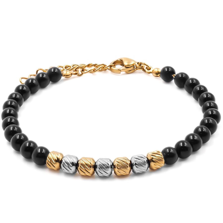 Bracelet acier doré - billes 4mm onyx - 15+4cm - Grossiste Bijoux T...