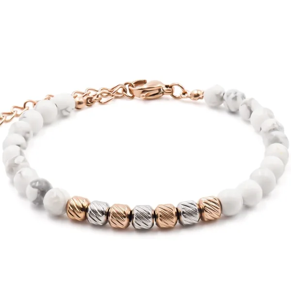 Bracelet acier rosé - billes 4mm howlite blanche - 15+4cm - Grossis...