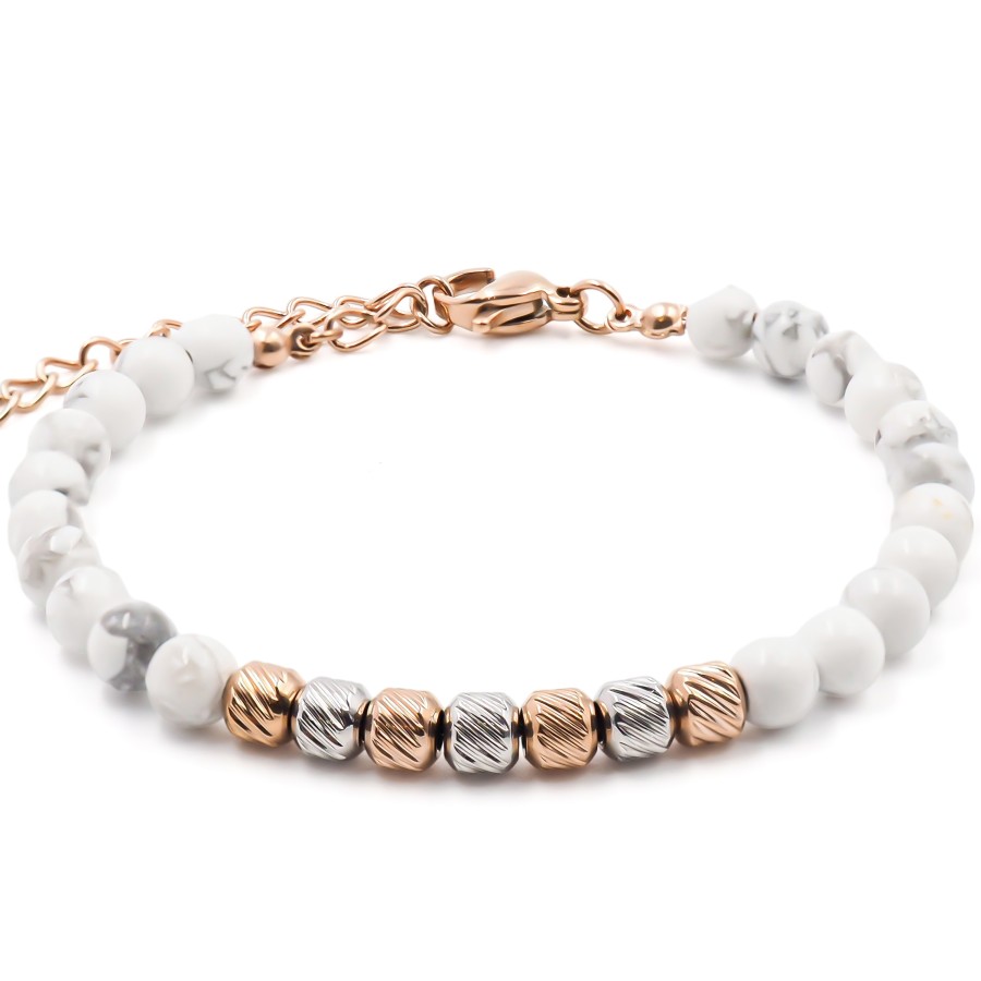 Bracelet acier rosé - billes 4mm howlite blanche - 15+4cm - Grossis...