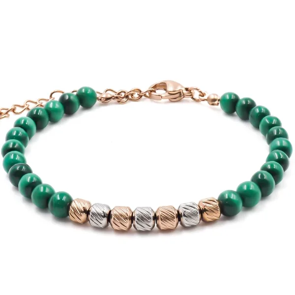 Bracelet acier rosé - billes 4mm malachite - 15+4cm - Grossiste Bij...