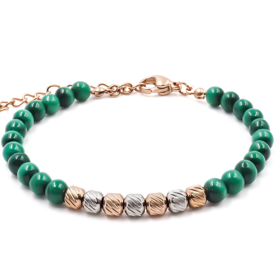 Bracelet acier rosé - billes 4mm malachite - 15+4cm - Grossiste Bij...