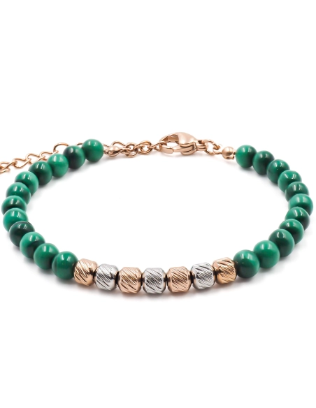 Bracelet acier rosé - billes 4mm malachite - 15+4cm - Grossiste Bij...