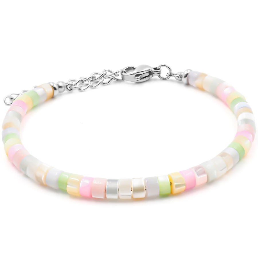 Bracelet acier - nacre teintée imitation morganite - diamètre 4mm -...