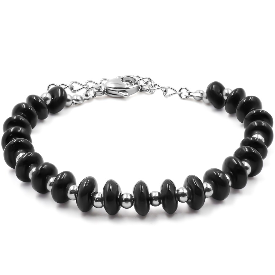 Bracelet acier - disques onyx 6mm - 15+4cm - Grossiste Bijoux Toltek