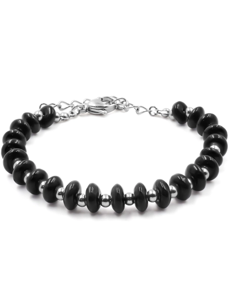 Bracelet acier - disques onyx 6mm - 15+4cm - Grossiste Bijoux Toltek