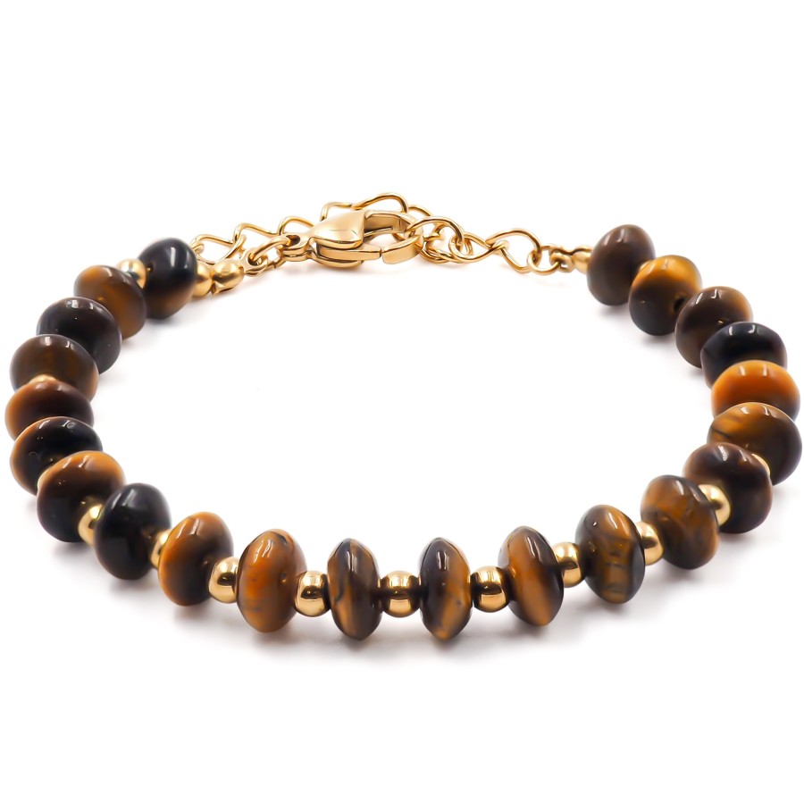 Bracelet acier doré - disques œil de tigre 6mm - 15+4cm - Grossiste...