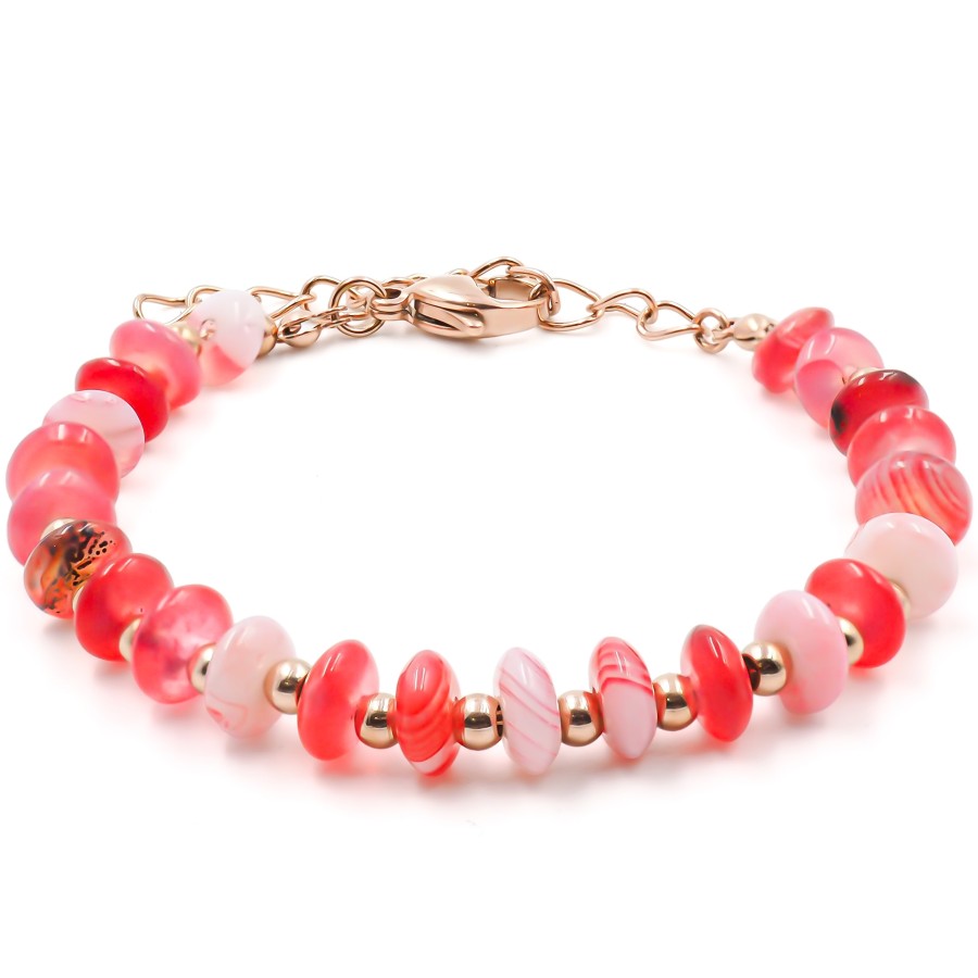 Bracelet acier rosé - disques agate rose 6mm - 15+4cm - Grossiste B...
