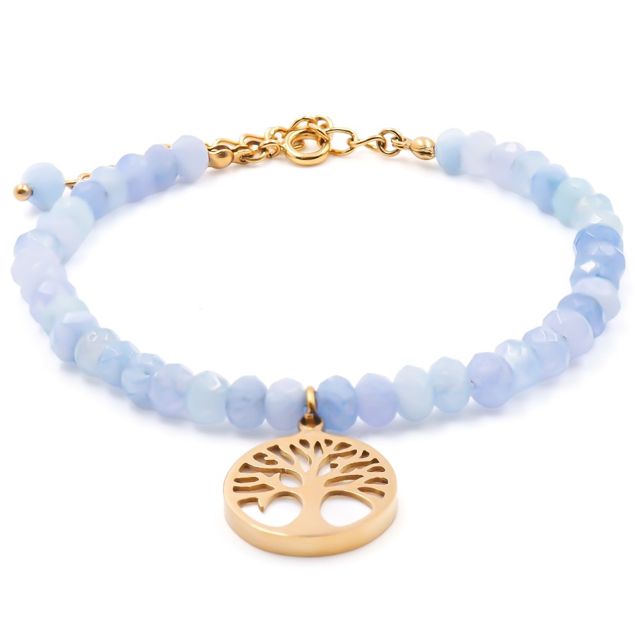 Bracelet acier doré - calcédoine facettée 4mm - arbre de vie en nac...