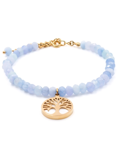 Bracelet acier doré - calcédoine facettée 4mm - arbre de vie en nac...