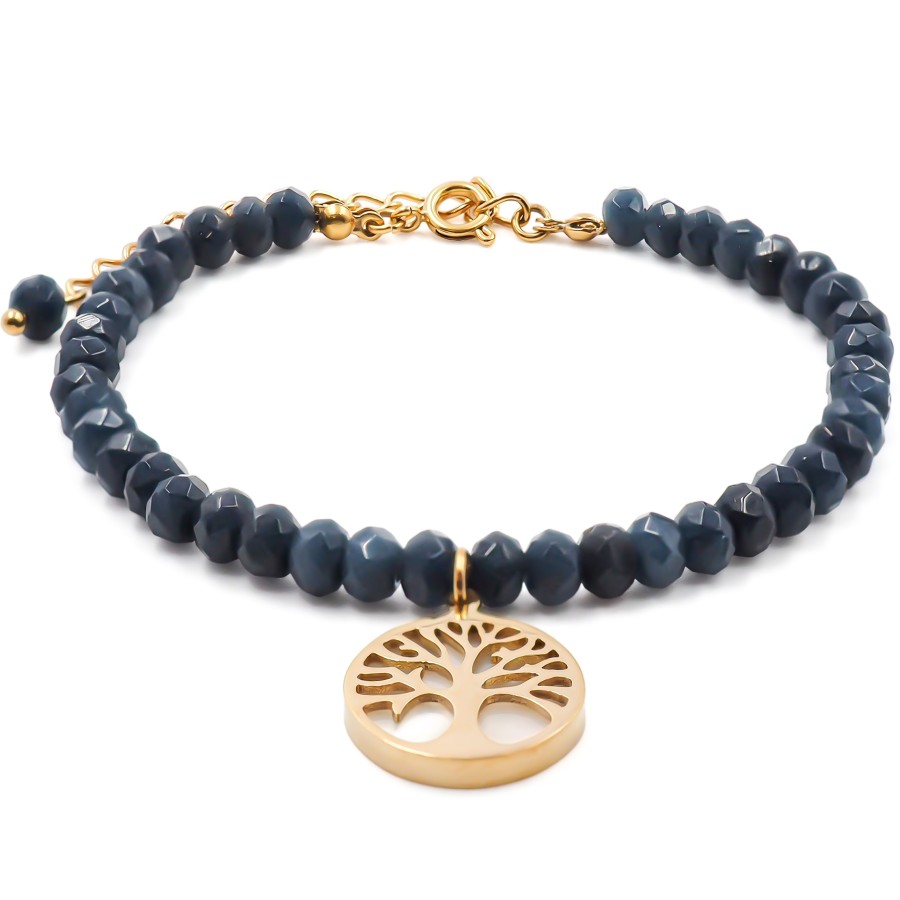 Bracelet acier doré - lapiz lazuli facettée 4mm - arbre de vie en n...