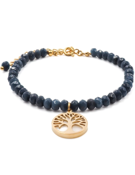Bracelet acier doré - lapiz lazuli facettée 4mm - arbre de vie en n...