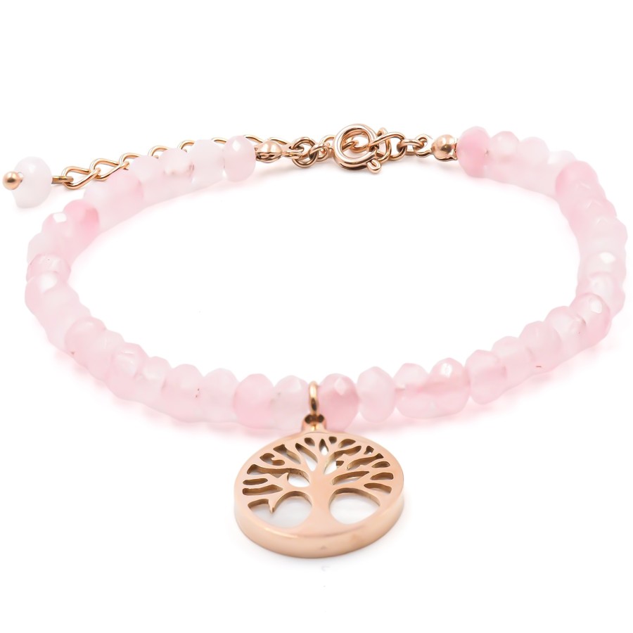 Bracelet acier rosé - quartz rose facettée 4mm - arbre de vie en na...
