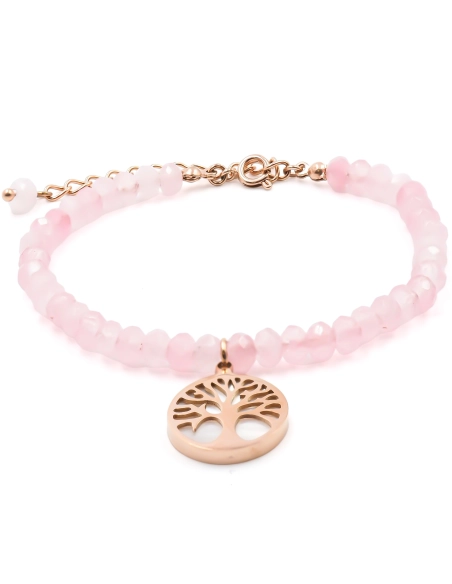 Bracelet acier rosé - quartz rose facettée 4mm - arbre de vie en na...