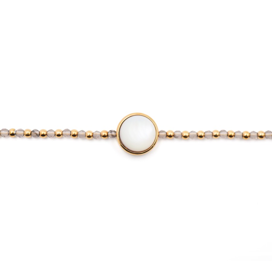 Bracelet acier doré - quartz fumé - nacre blanche - cabochon 11mm -...
