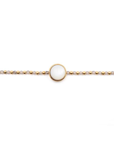 Bracelet acier doré - quartz fumé - nacre blanche - cabochon 11mm -...