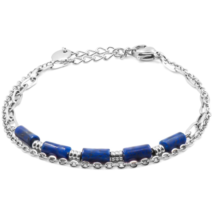 Bracelet acier 2 rangs - 4 tubes lapis lazuli 6x2mm - 15+4cm - Gros...