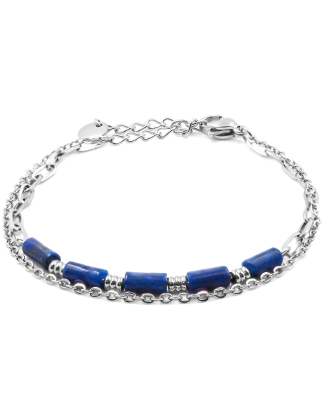 Bracelet acier 2 rangs - 4 tubes lapis lazuli 6x2mm - 15+4cm - Gros...