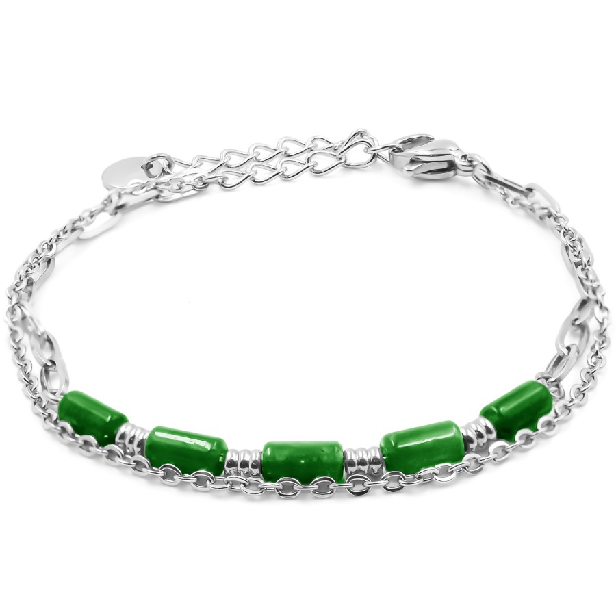 Bracelet acier 2 rangs - 4 tubes agate verte 6x2mm - 15+4cm - Gross...