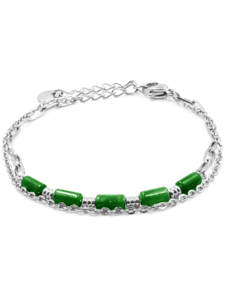 Bracelet acier 2 rangs - 4 tubes agate verte 6x2mm - 15+4cm - Gross...