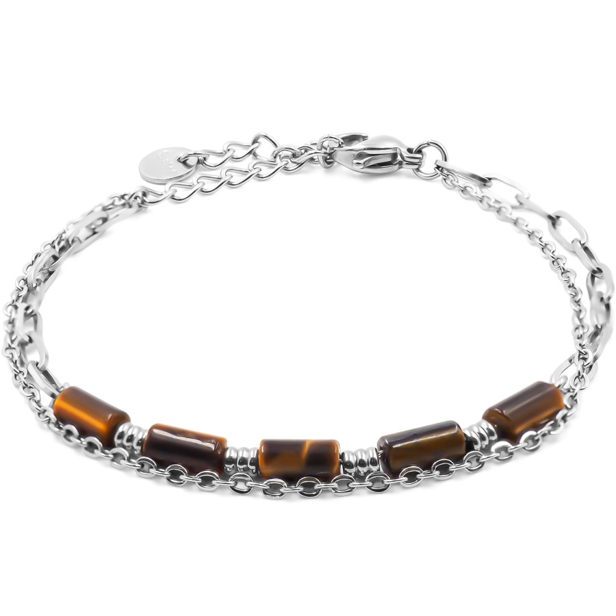 Bracelet acier 2 rangs- 4 tubes œil de tigre 6x2mm - 15+4cm - Gross...