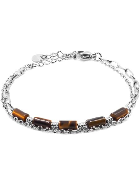 Bracelet acier 2 rangs- 4 tubes œil de tigre 6x2mm - 15+4cm - Gross...