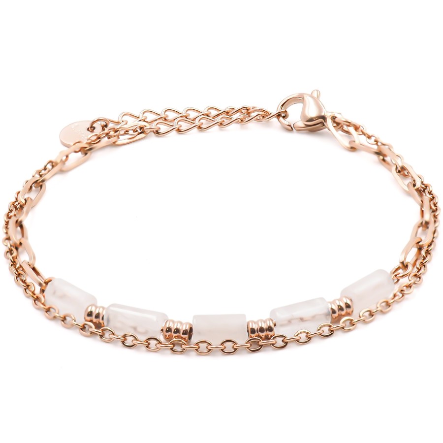 Bracelet acier rosé 2 rangs - 4 tubes quartz rose 6x2mm - 15+4cm - ...