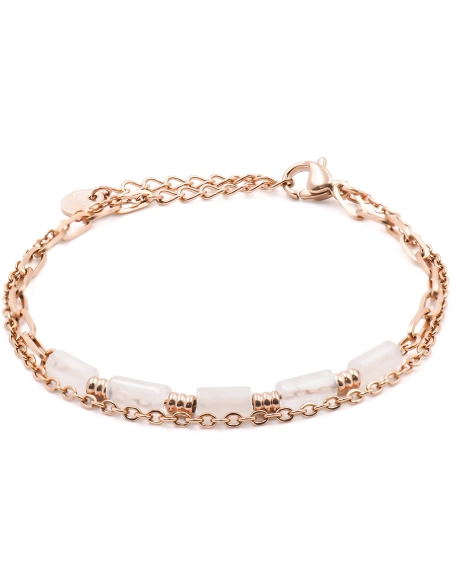 Bracelet acier rosé 2 rangs - 4 tubes quartz rose 6x2mm - 15+4cm - ...