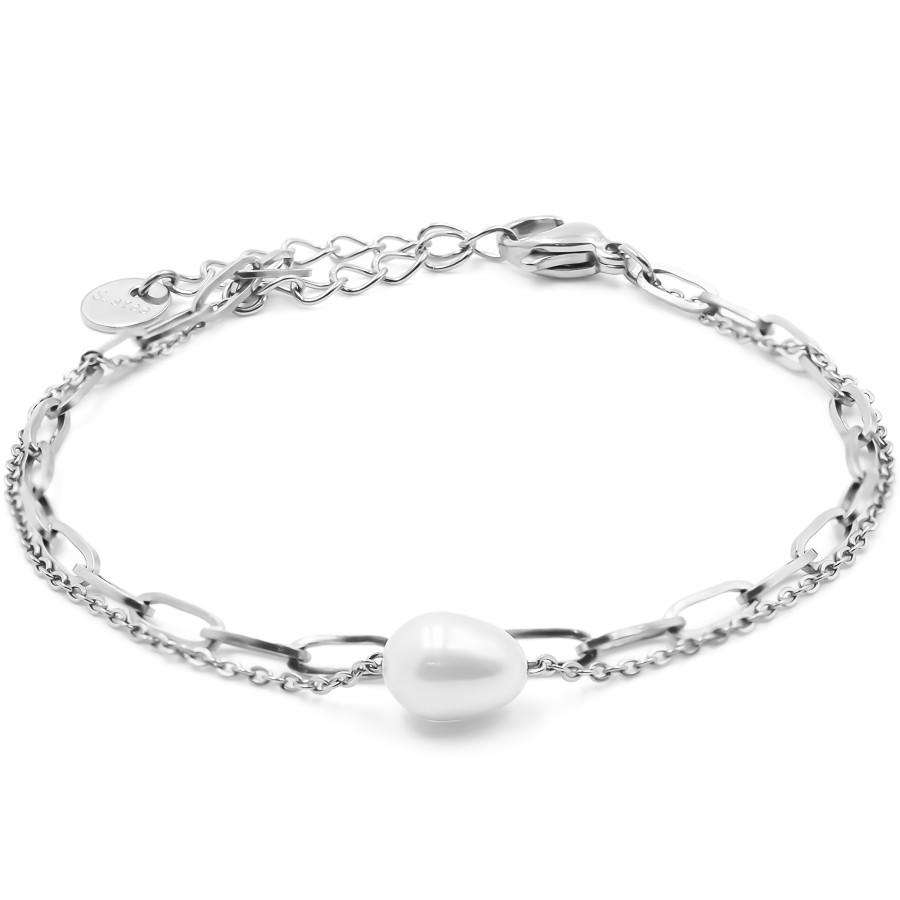 Bracelet acier 2 rangs - perle naturelle - 15+4cm - Grossiste Bijou...