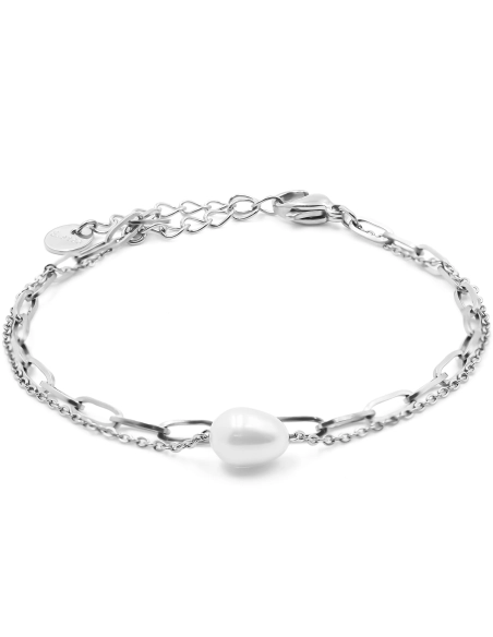 Bracelet acier 2 rangs - perle naturelle - 15+4cm - Grossiste Bijou...