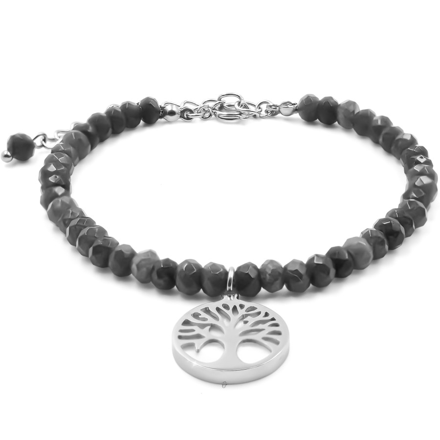Bracelet acier - jade noire facettée 4mm - arbre de vie en nacre 13...