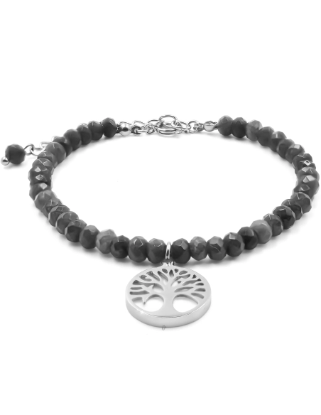 Bracelet acier - jade noire facettée 4mm - arbre de vie en nacre 13...