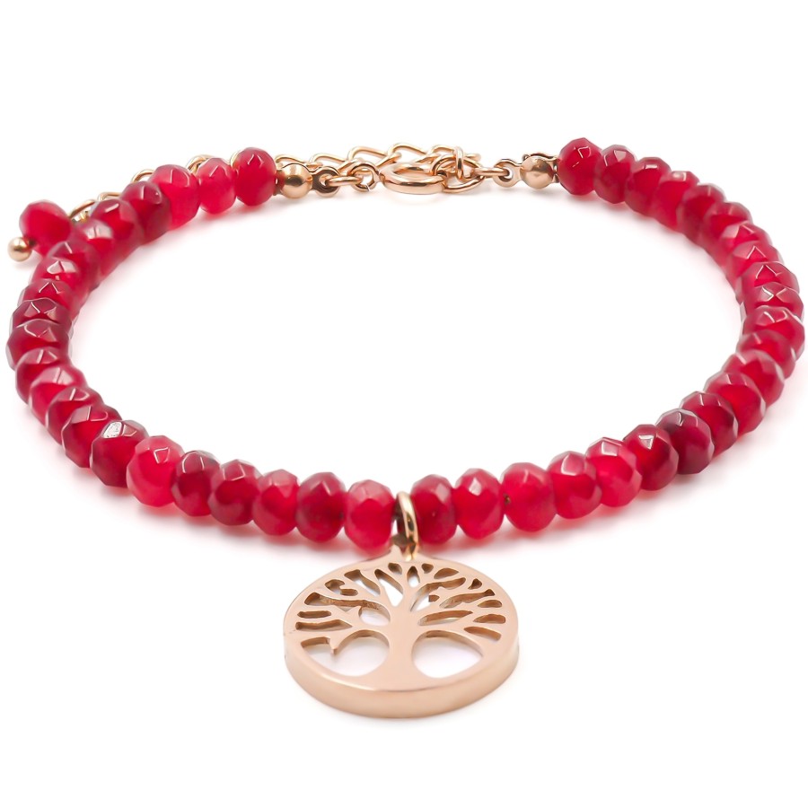 Bracelet acier rosé - quartz rouge facettée 4mm - arbre de vie en n...
