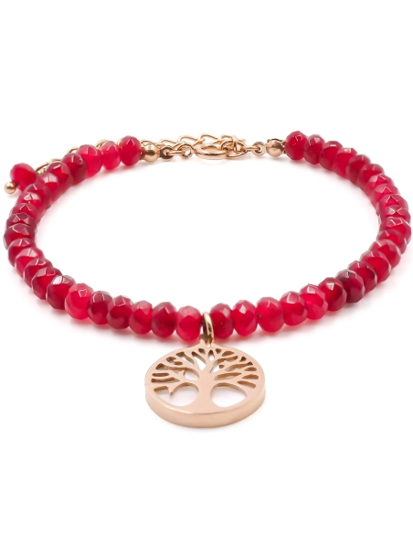 Bracelet acier rosé - quartz rouge facettée 4mm - arbre de vie en n...