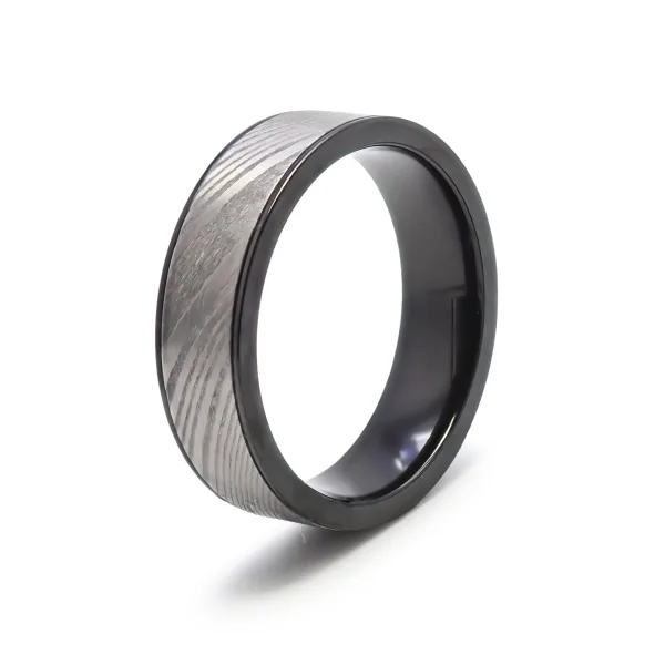 Bague en black zirconium - acier damas véritable incrusté - largeur...